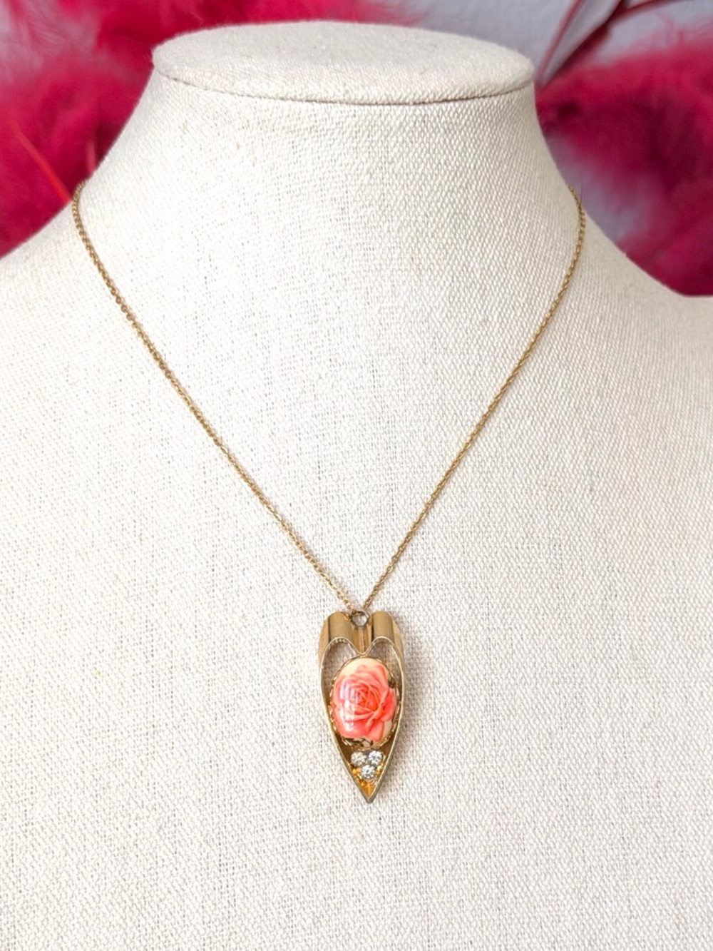 Vintage Gold-Tone Heart Pendant Necklace with Pink Rose Accent